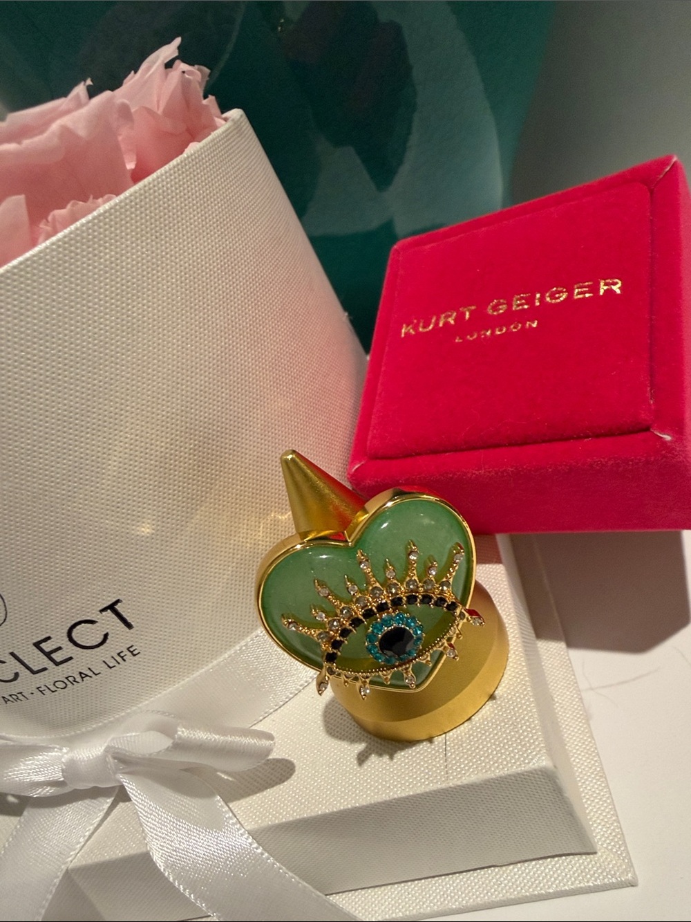 Kurt Geiger Green Enamel Eye Heart Brooch with Gold Tone Accents